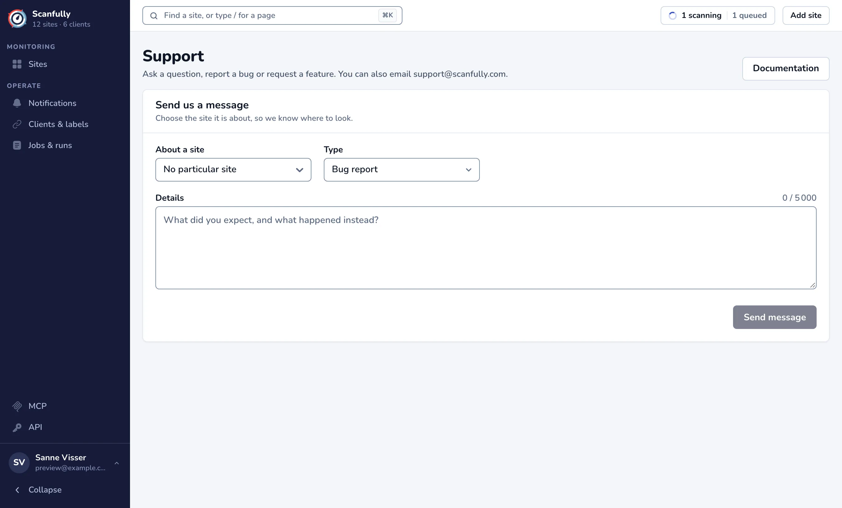 The Support page with the Send us a message form: About a site, Type and Details