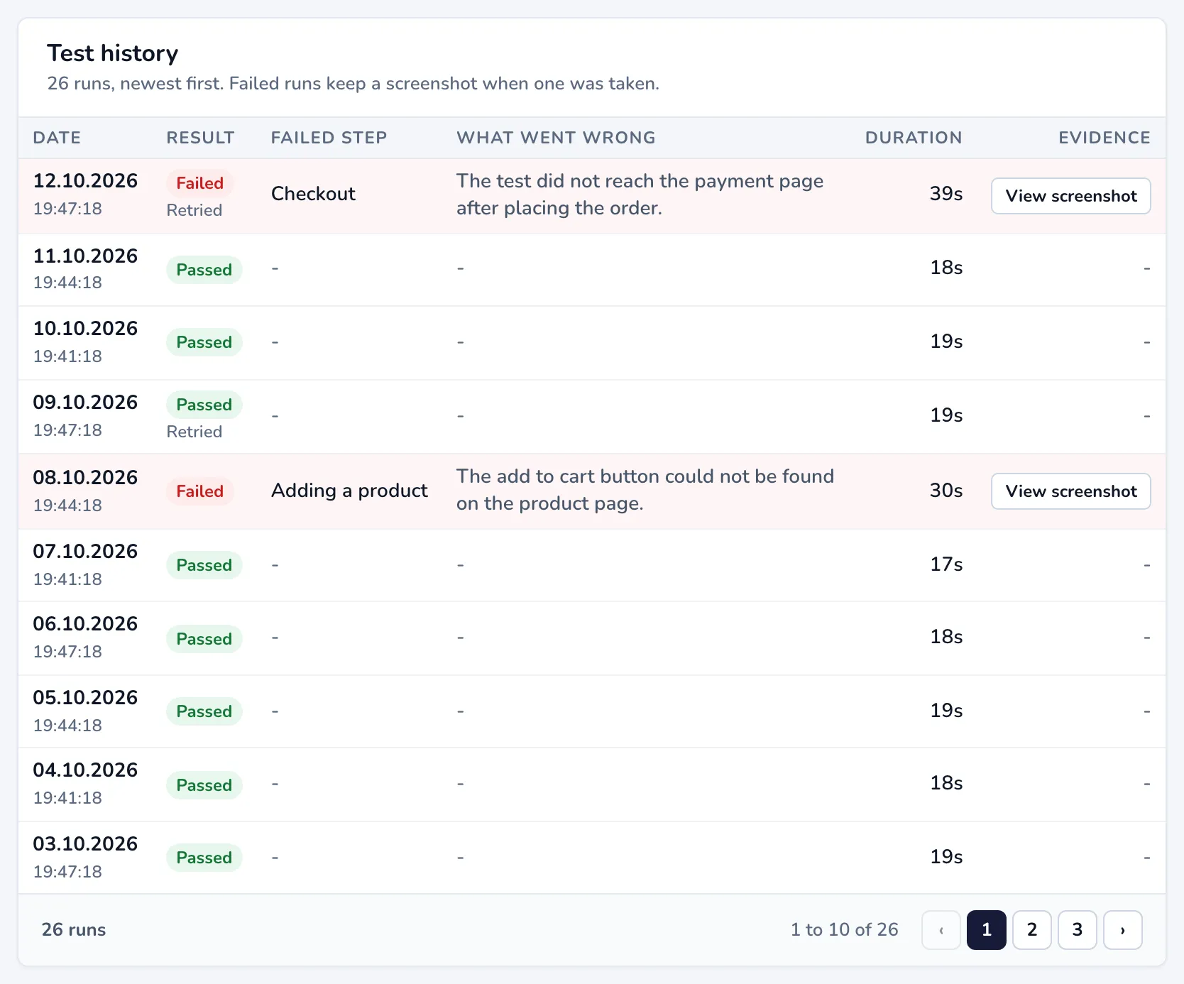 The Test history table with passed and failed runs, the failed step, the error and View screenshot buttons