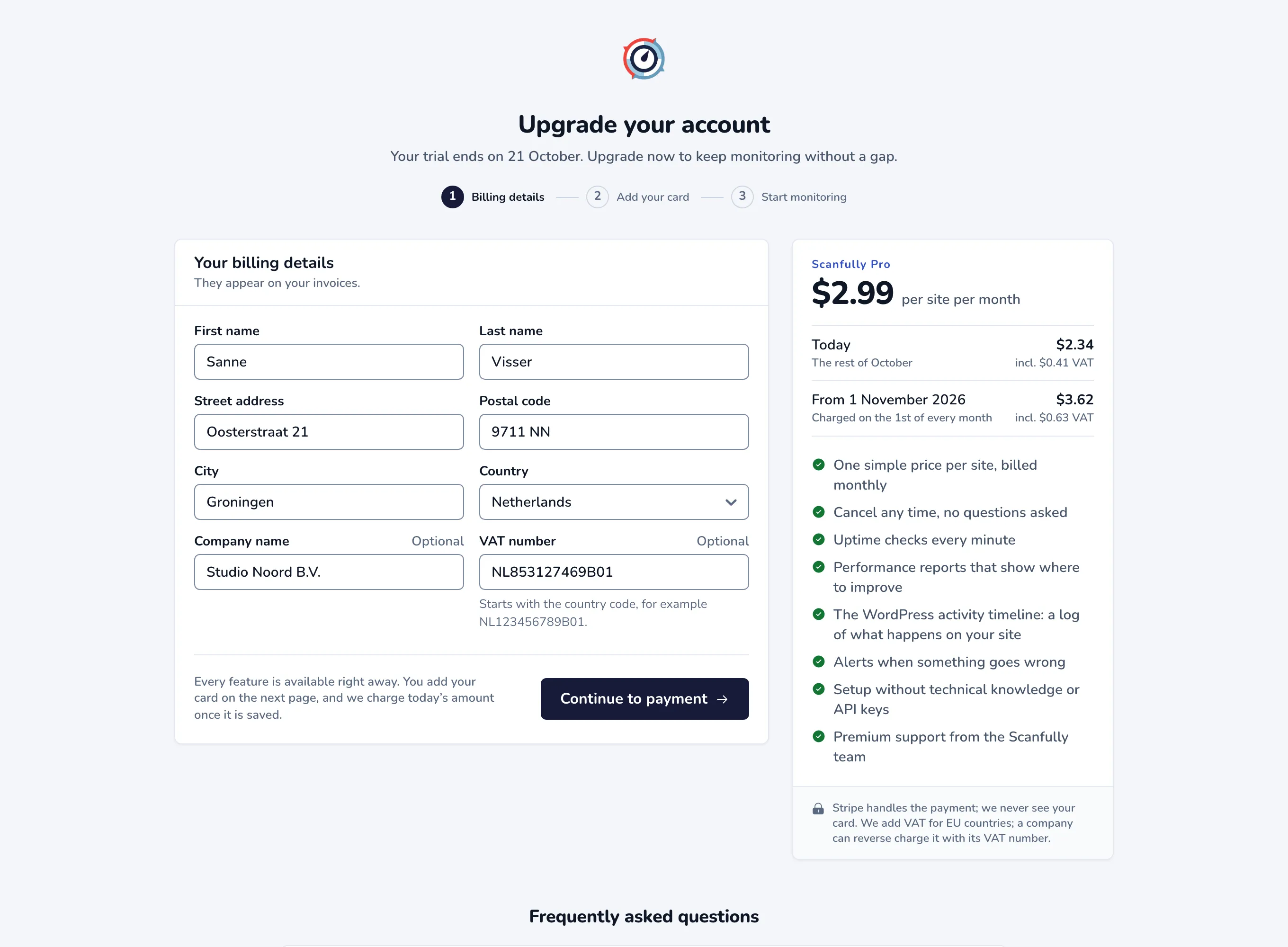 The Upgrade your account page with the billing details form and the Scanfully Pro summary
