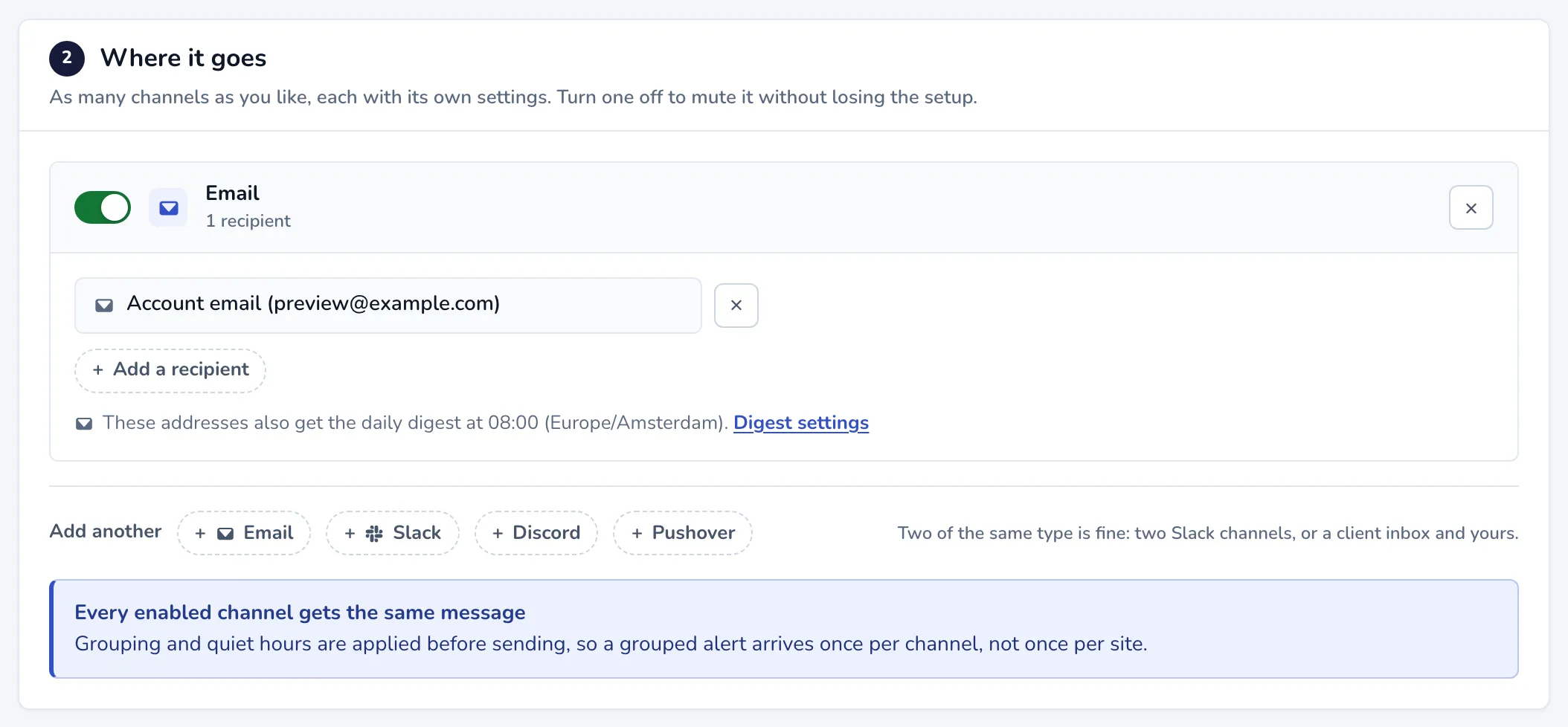 The Where it goes step with an email channel to the account email and the chips to add another channel
