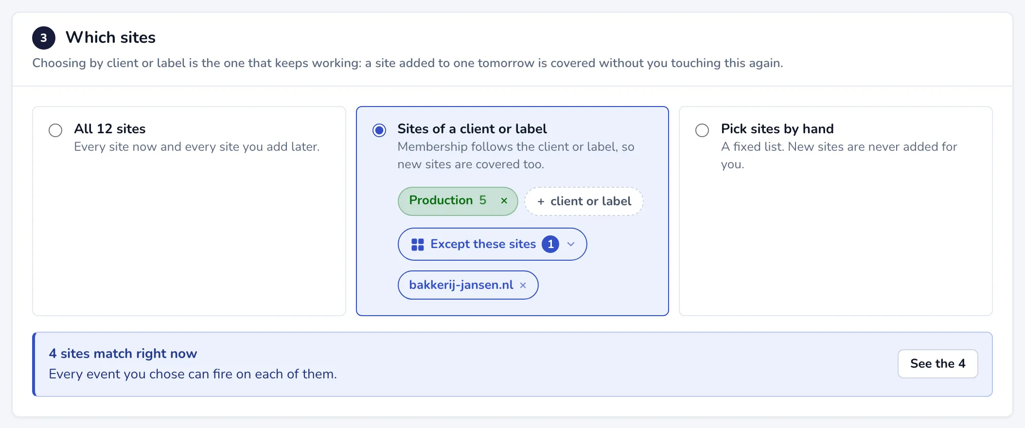 The Which sites step with a label chosen, one site left out, and 4 sites matching