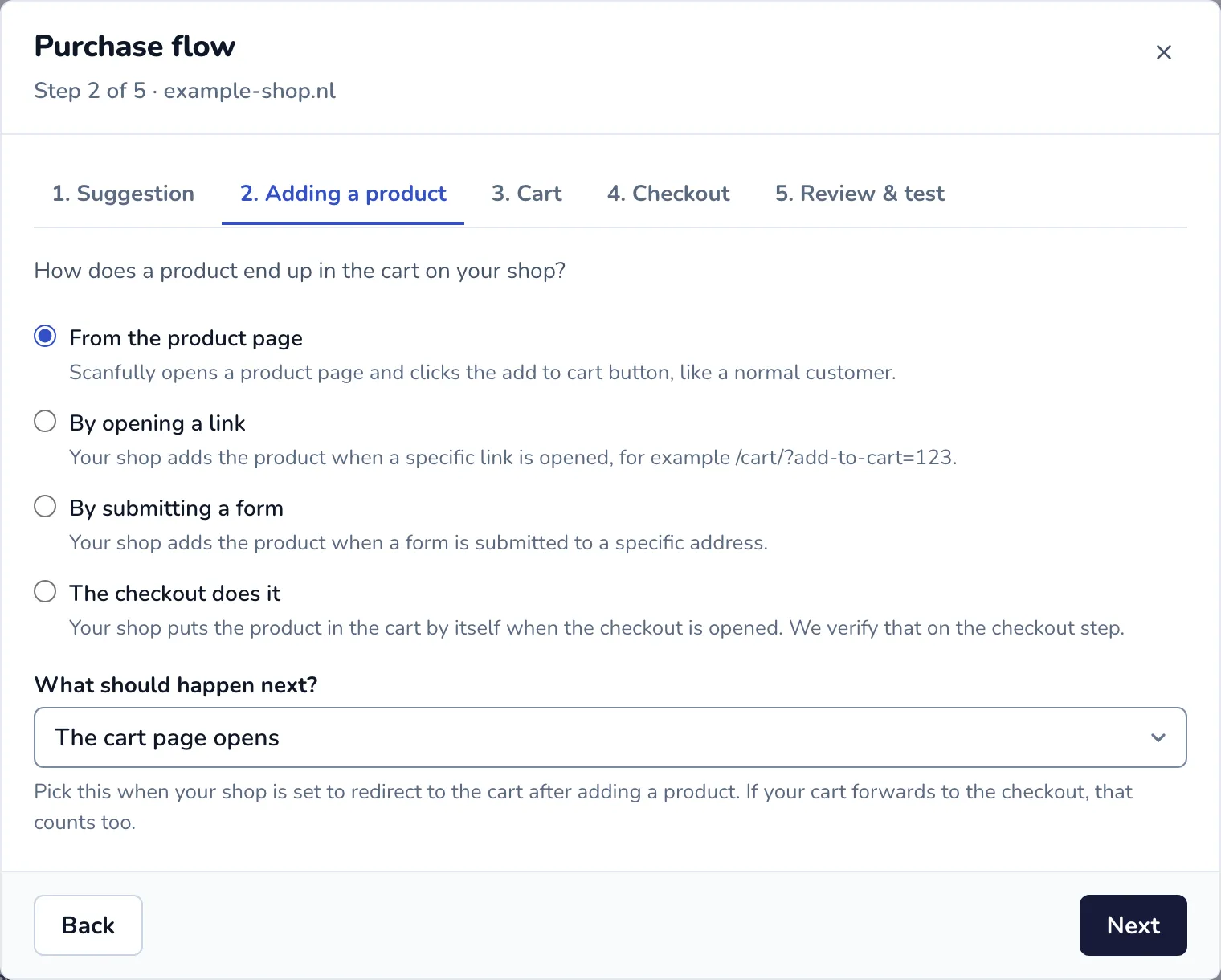 The Purchase flow wizard on the Adding a product step, with the four ways a product can end up in the cart